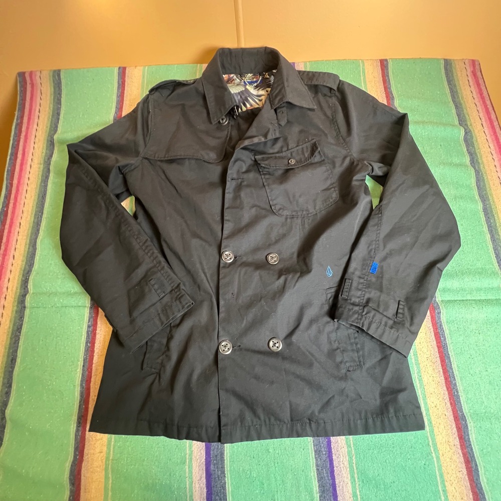 Volcom Jacket Mens XL Black Double Breasted Bird Print Lining Field Coat A153803